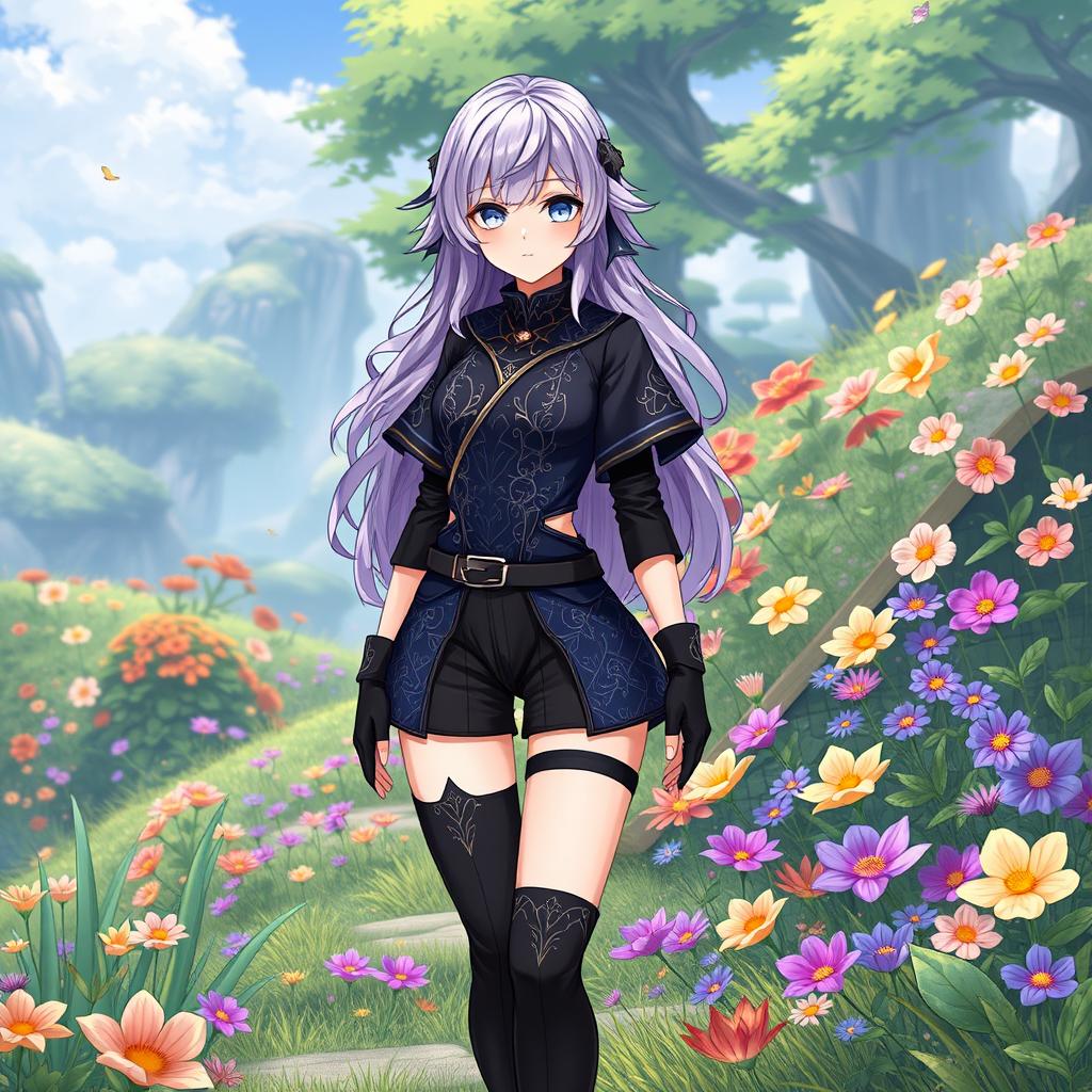 A female original character from Genshin Impact set in Sumeru, featuring long wavy lilac purple hair and striking gray eyes
