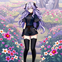 A female original character from Genshin Impact set in Sumeru, featuring long wavy lilac purple hair and striking gray eyes