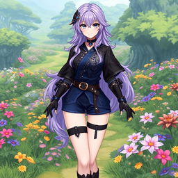 A female original character from Genshin Impact set in Sumeru, featuring long wavy lilac purple hair and striking gray eyes