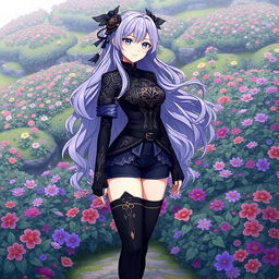 A female original character from Genshin Impact set in Sumeru, featuring long wavy lilac purple hair and striking gray eyes