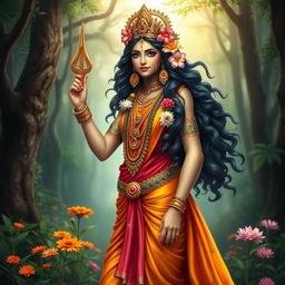 Parwati, the wife of Lord Shiva, depicted as a stunningly beautiful goddess adorned in vibrant traditional Hindu attire