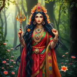 Parwati, the wife of Lord Shiva, depicted as a stunningly beautiful goddess adorned in vibrant traditional Hindu attire