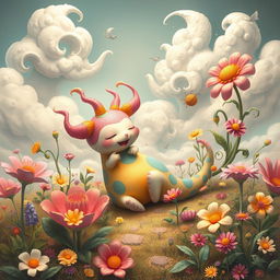 A surreal and colorful fantasy scene featuring a whimsical creature with vibrant and curvy shapes, surrounded by a dreamy landscape filled with oversized flowers and fantastical plants