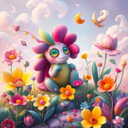 A surreal and colorful fantasy scene featuring a whimsical creature with vibrant and curvy shapes, surrounded by a dreamy landscape filled with oversized flowers and fantastical plants