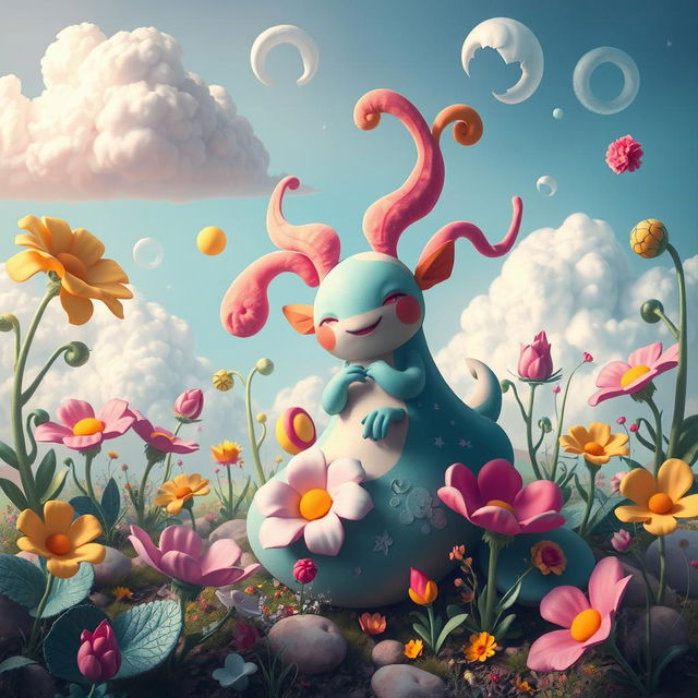 A surreal and colorful fantasy scene featuring a whimsical creature with vibrant and curvy shapes, surrounded by a dreamy landscape filled with oversized flowers and fantastical plants