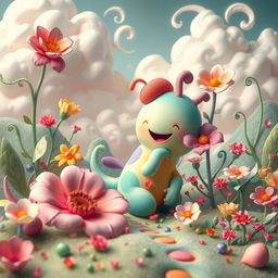 A surreal and colorful fantasy scene featuring a whimsical creature with vibrant and curvy shapes, surrounded by a dreamy landscape filled with oversized flowers and fantastical plants