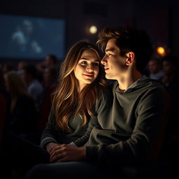 A romantic scene depicting a young couple in a dimly lit cinema, enjoying an intimate moment while watching a movie