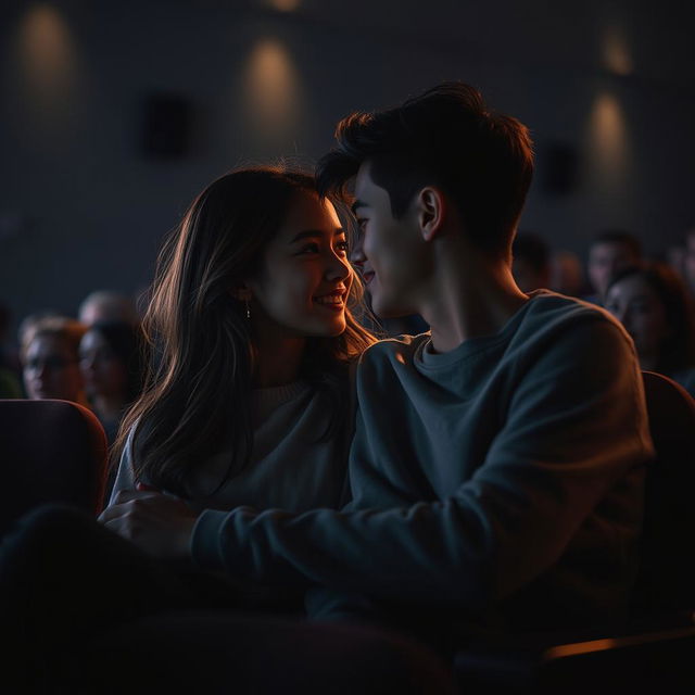A romantic scene depicting a young couple in a dimly lit cinema, enjoying an intimate moment while watching a movie