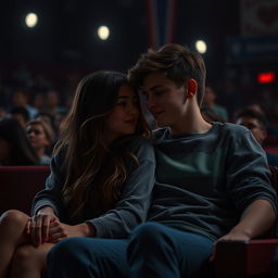 A romantic scene depicting a young couple in a dimly lit cinema, enjoying an intimate moment while watching a movie