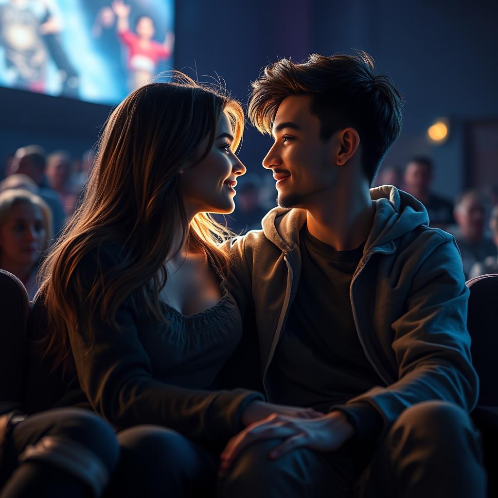 A romantic scene depicting a young couple in a dimly lit cinema, enjoying an intimate moment while watching a movie