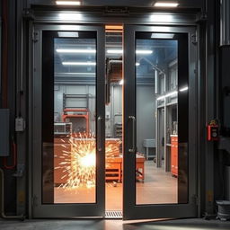 A detailed image of modern industrial welding doors in a workshop setting