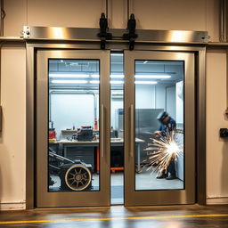 A detailed image of modern industrial welding doors in a workshop setting
