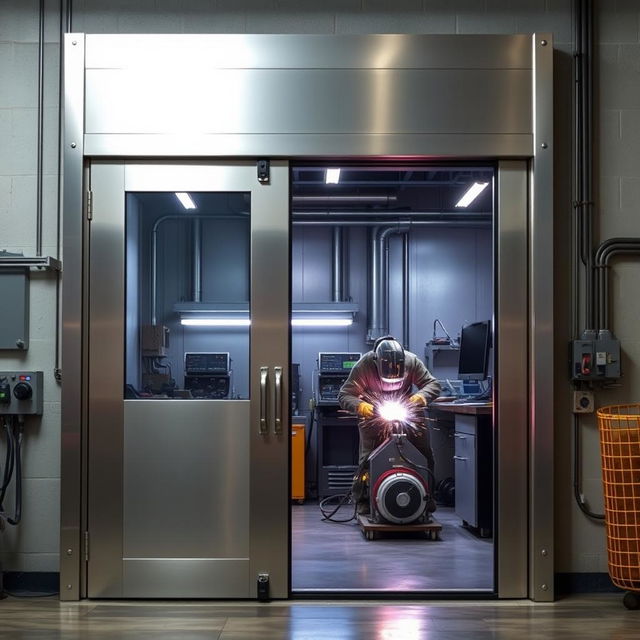A detailed image of modern industrial welding doors in a workshop setting