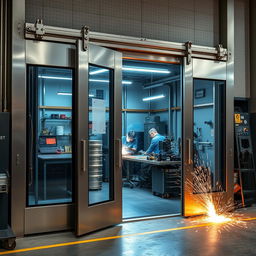 A detailed image of modern industrial welding doors in a workshop setting