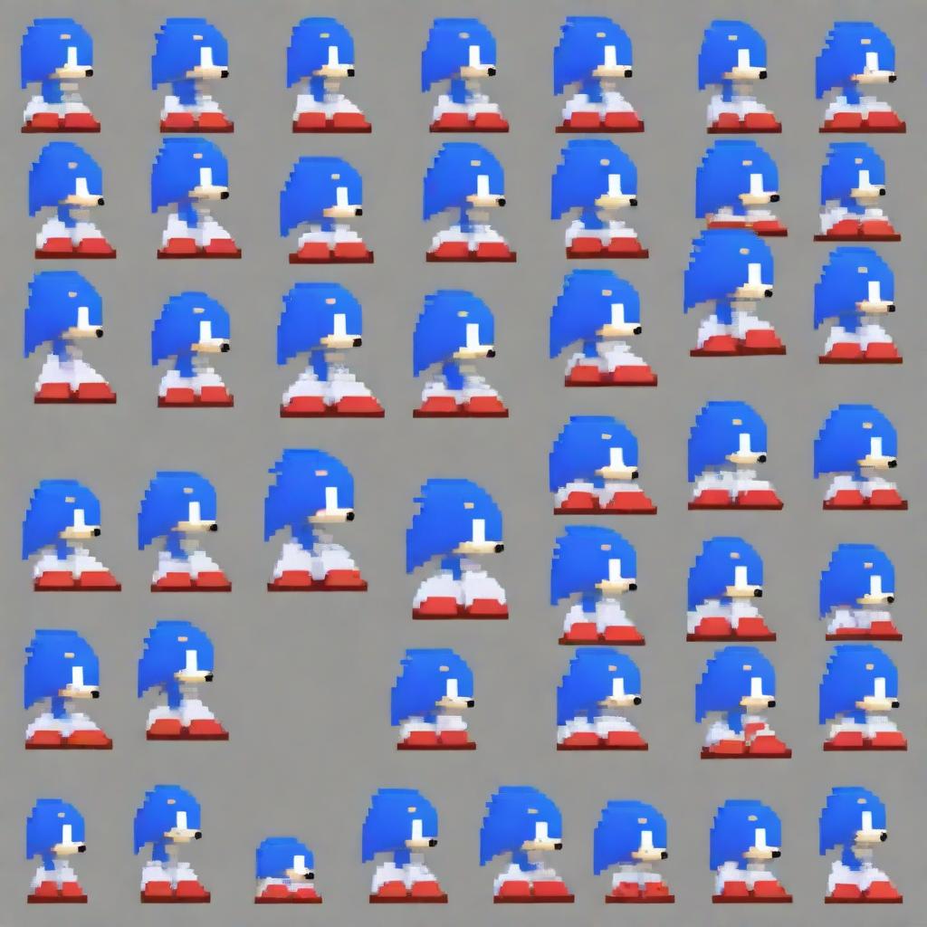 A comprehensive pixel art sprite sheet featuring Sonic the Hedgehog