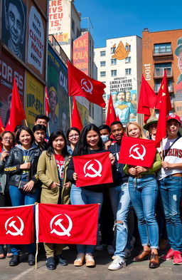 A gathering of a diverse group of individuals representing a communist organization, standing together with a united front in a vibrant urban setting