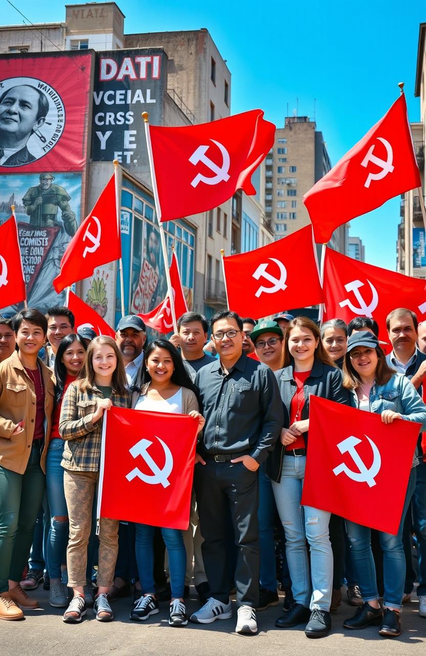 A gathering of a diverse group of individuals representing a communist organization, standing together with a united front in a vibrant urban setting