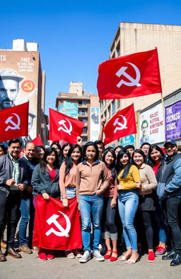 A gathering of a diverse group of individuals representing a communist organization, standing together with a united front in a vibrant urban setting