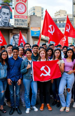 A gathering of a diverse group of individuals representing a communist organization, standing together with a united front in a vibrant urban setting