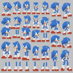 A comprehensive pixel art sprite sheet featuring Sonic the Hedgehog