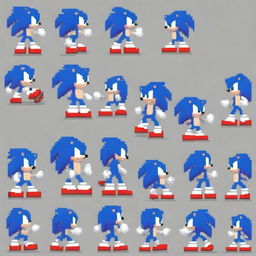 A comprehensive pixel art sprite sheet featuring Sonic the Hedgehog