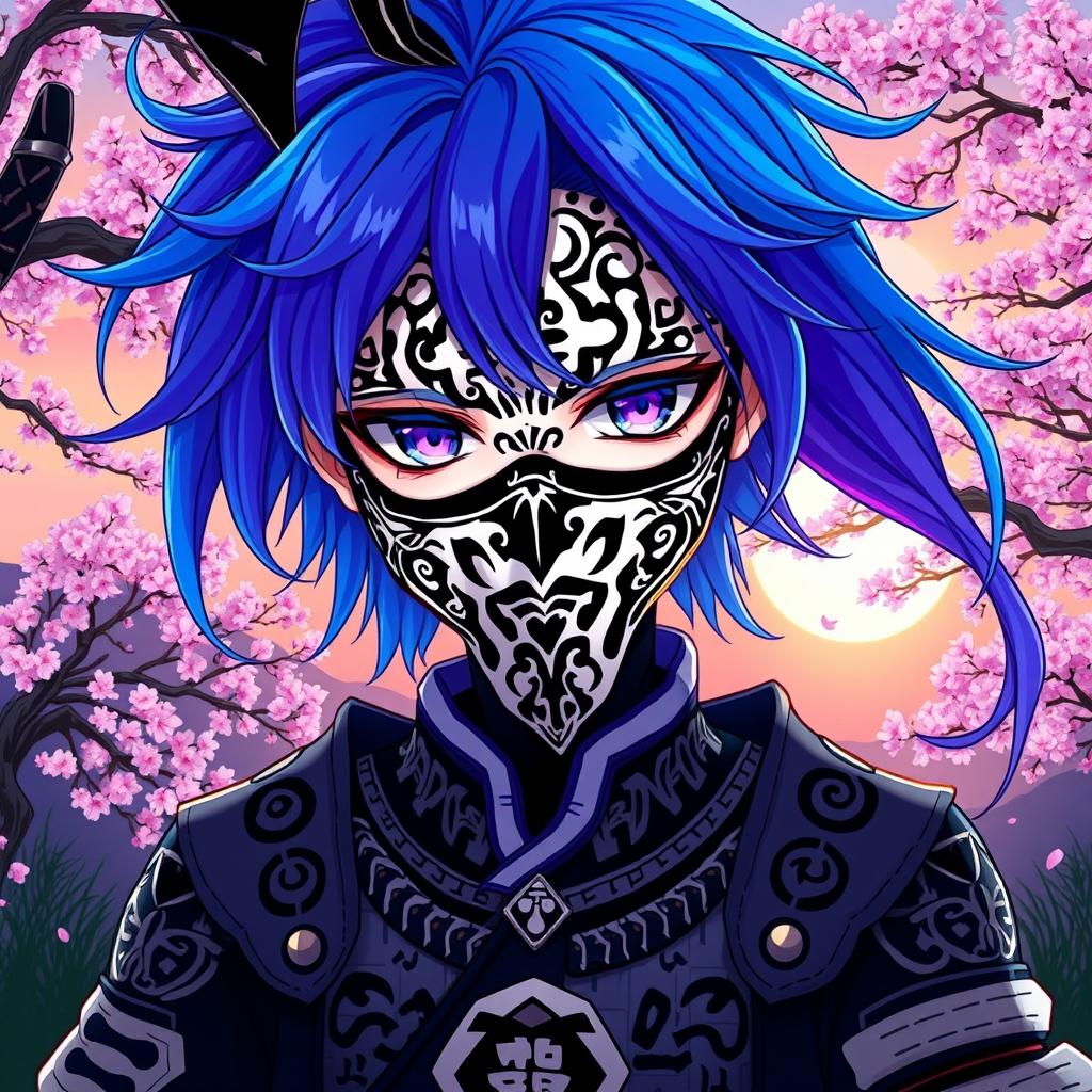 An anime character with an intricate black and white mask covering their face, showcasing a blend of traditional Japanese and modern design elements