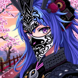 An anime character with an intricate black and white mask covering their face, showcasing a blend of traditional Japanese and modern design elements