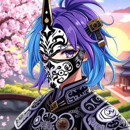 An anime character with an intricate black and white mask covering their face, showcasing a blend of traditional Japanese and modern design elements
