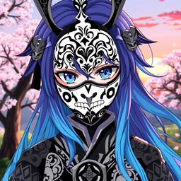 An anime character with an intricate black and white mask covering their face, showcasing a blend of traditional Japanese and modern design elements