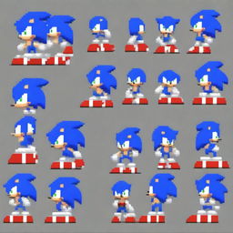 A comprehensive pixel art sprite sheet featuring Sonic the Hedgehog