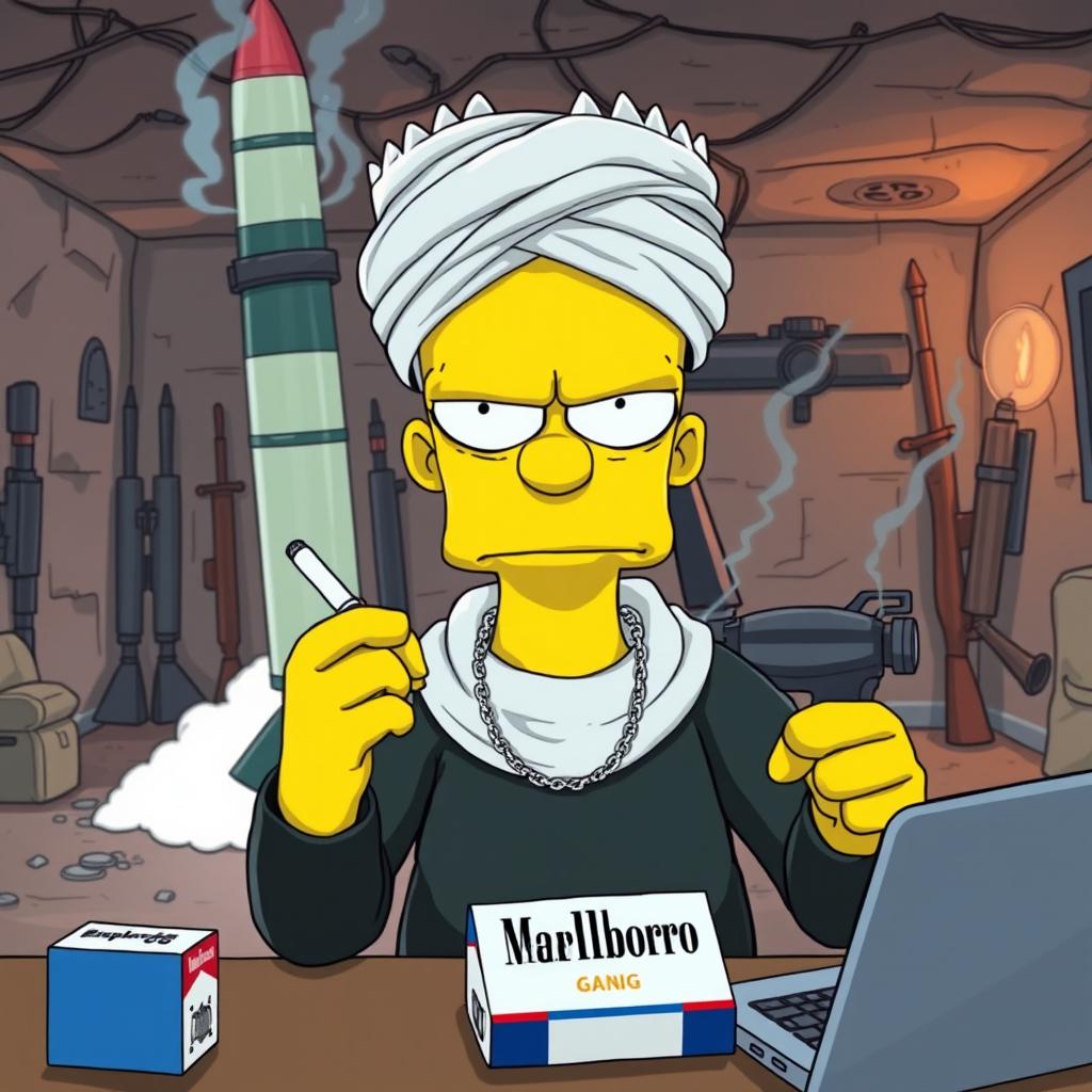 Bart Simpson looking slightly angry in an underground gang room