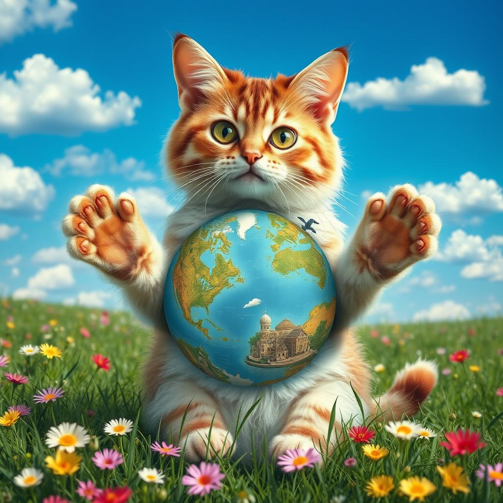 A surreal and whimsical cat with the entire world contained inside its body, visible through its translucent fur