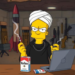 Bart Simpson looking slightly angry in an underground gang room