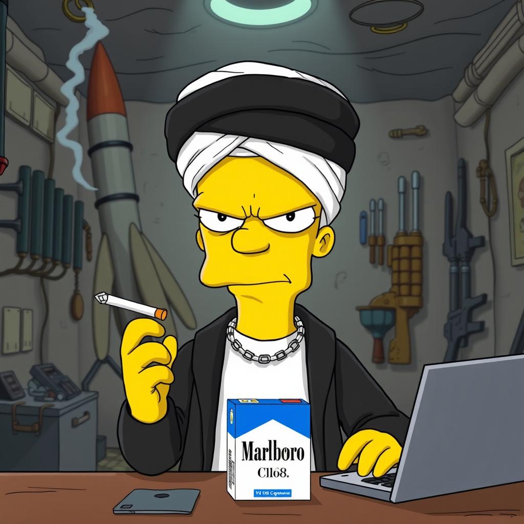 Bart Simpson looking slightly angry in an underground gang room