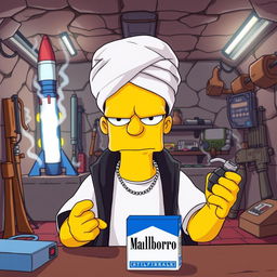 Bart Simpson looking slightly angry in an underground gang room