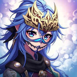 A captivating female anime character with striking features, wearing an intricately designed mask that adds an air of mystery