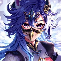 A captivating female anime character with striking features, wearing an intricately designed mask that adds an air of mystery