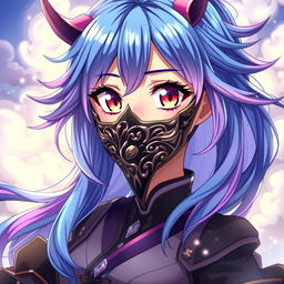 A captivating female anime character with striking features, wearing an intricately designed mask that adds an air of mystery