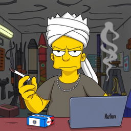 Bart Simpson looking slightly angry in an underground gang room