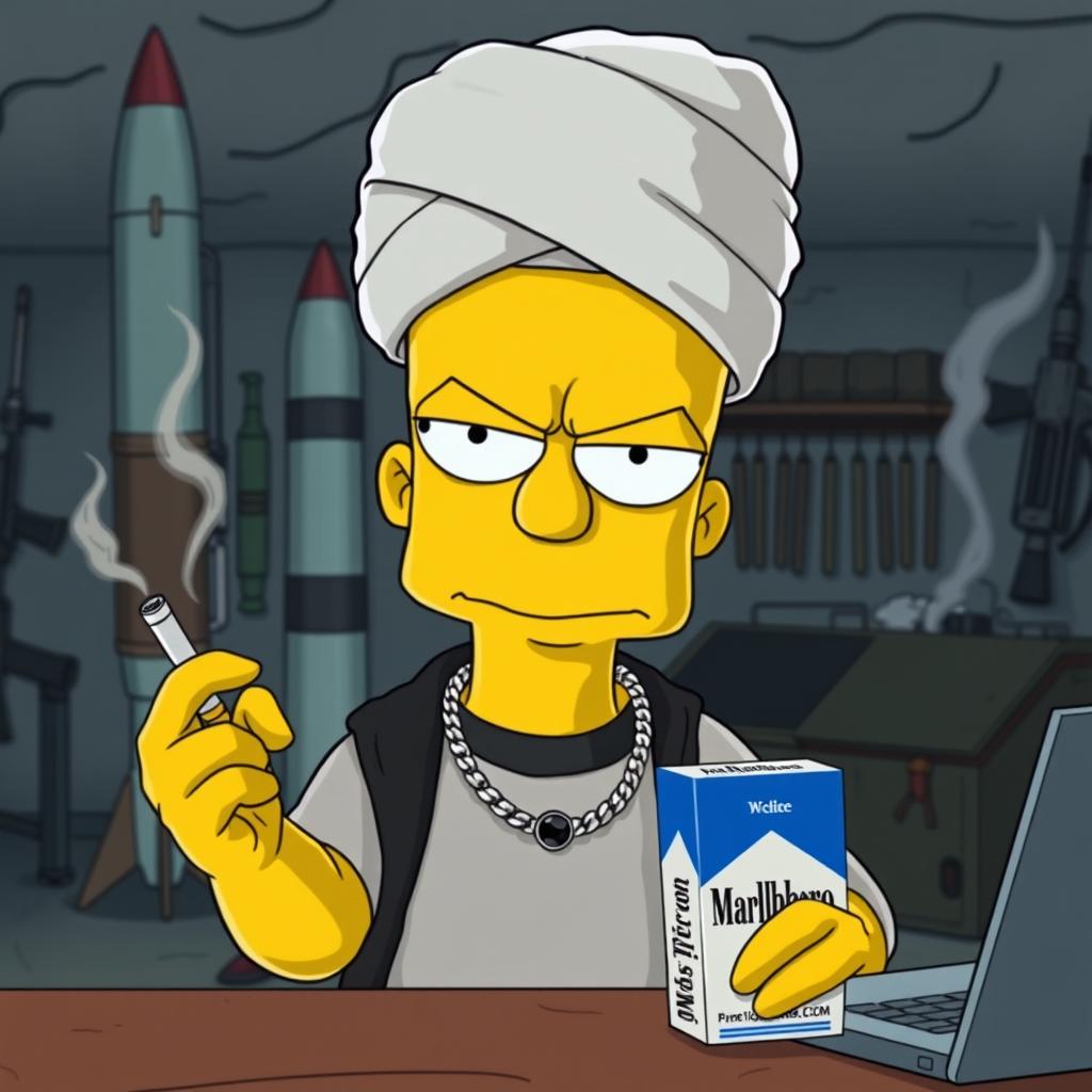 Bart Simpson looking slightly angry in an underground gang room