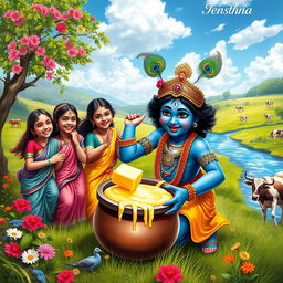 A vibrant and dynamic depiction of Lord Krishna, showing him playfully stealing butter from a pot, surrounded by joyful gopis (cowherd girls) in a lush green pastoral setting