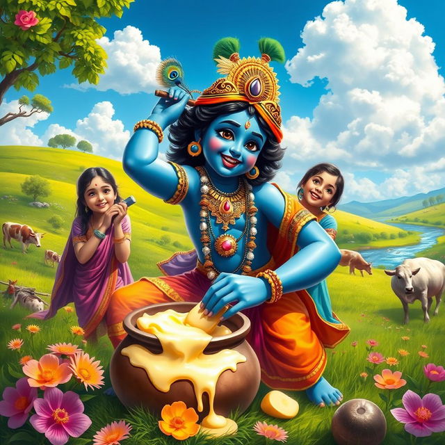 A vibrant and dynamic depiction of Lord Krishna, showing him playfully stealing butter from a pot, surrounded by joyful gopis (cowherd girls) in a lush green pastoral setting