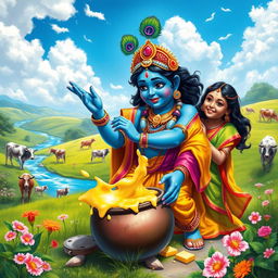 A vibrant and dynamic depiction of Lord Krishna, showing him playfully stealing butter from a pot, surrounded by joyful gopis (cowherd girls) in a lush green pastoral setting