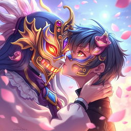 An enchanting anime character, adorned with an elaborate, ornate full mask featuring intricate designs and vibrant colors, leans in to kiss a male anime character, who also wears a matching full mask