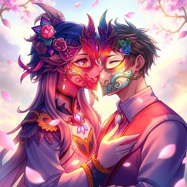 An enchanting anime character, adorned with an elaborate, ornate full mask featuring intricate designs and vibrant colors, leans in to kiss a male anime character, who also wears a matching full mask