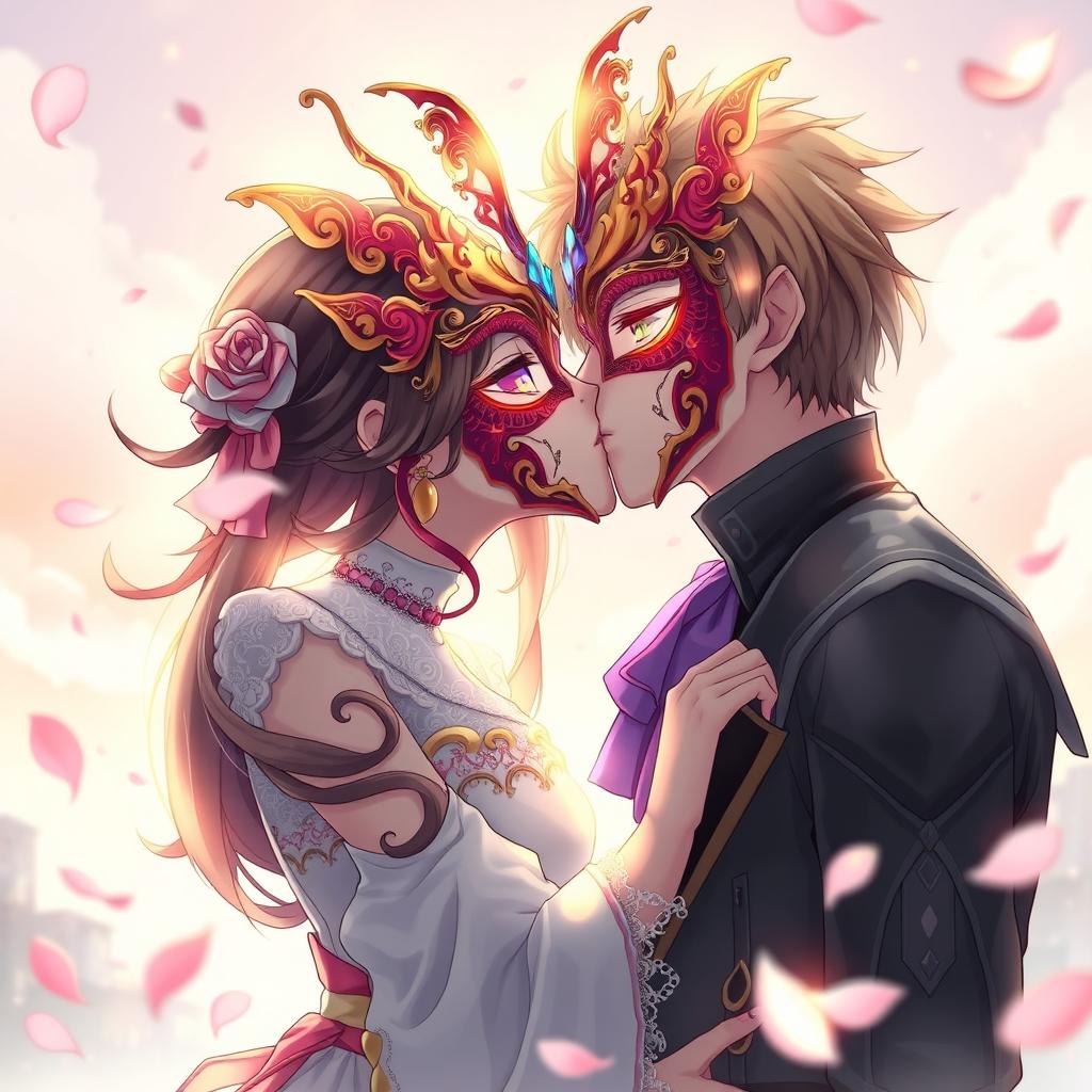 An enchanting anime character, adorned with an elaborate, ornate full mask featuring intricate designs and vibrant colors, leans in to kiss a male anime character, who also wears a matching full mask