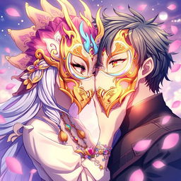 An enchanting anime character, adorned with an elaborate, ornate full mask featuring intricate designs and vibrant colors, leans in to kiss a male anime character, who also wears a matching full mask