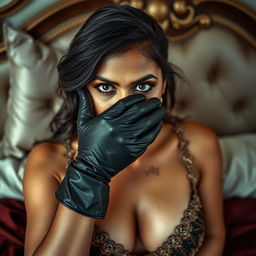 A striking image of a sexy Indian woman dressed in a seductive mistress outfit