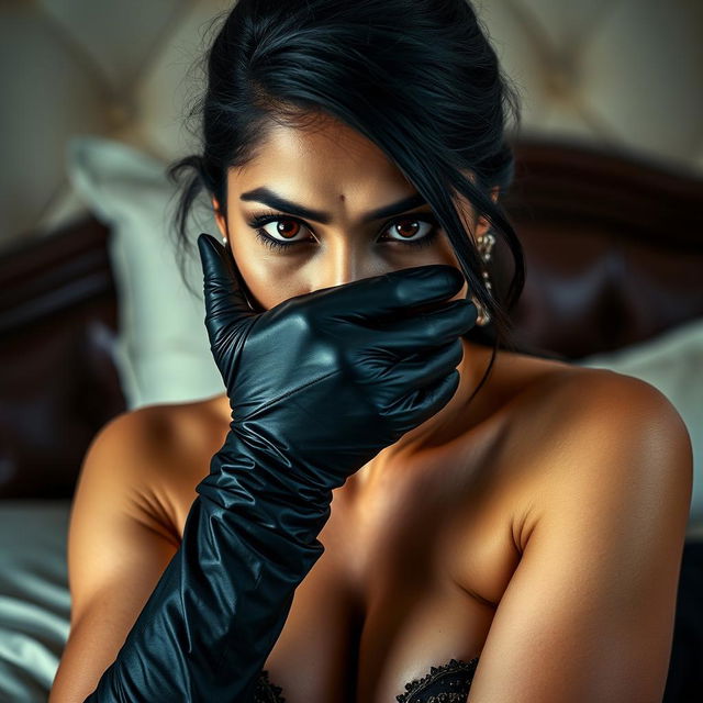 A striking image of a sexy Indian woman dressed in a seductive mistress outfit