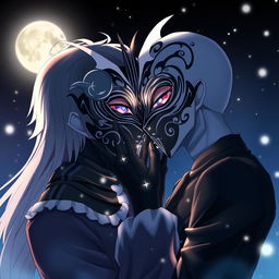 An intimate scene featuring two anime characters both wearing full black and white masks, locked in a passionate kiss